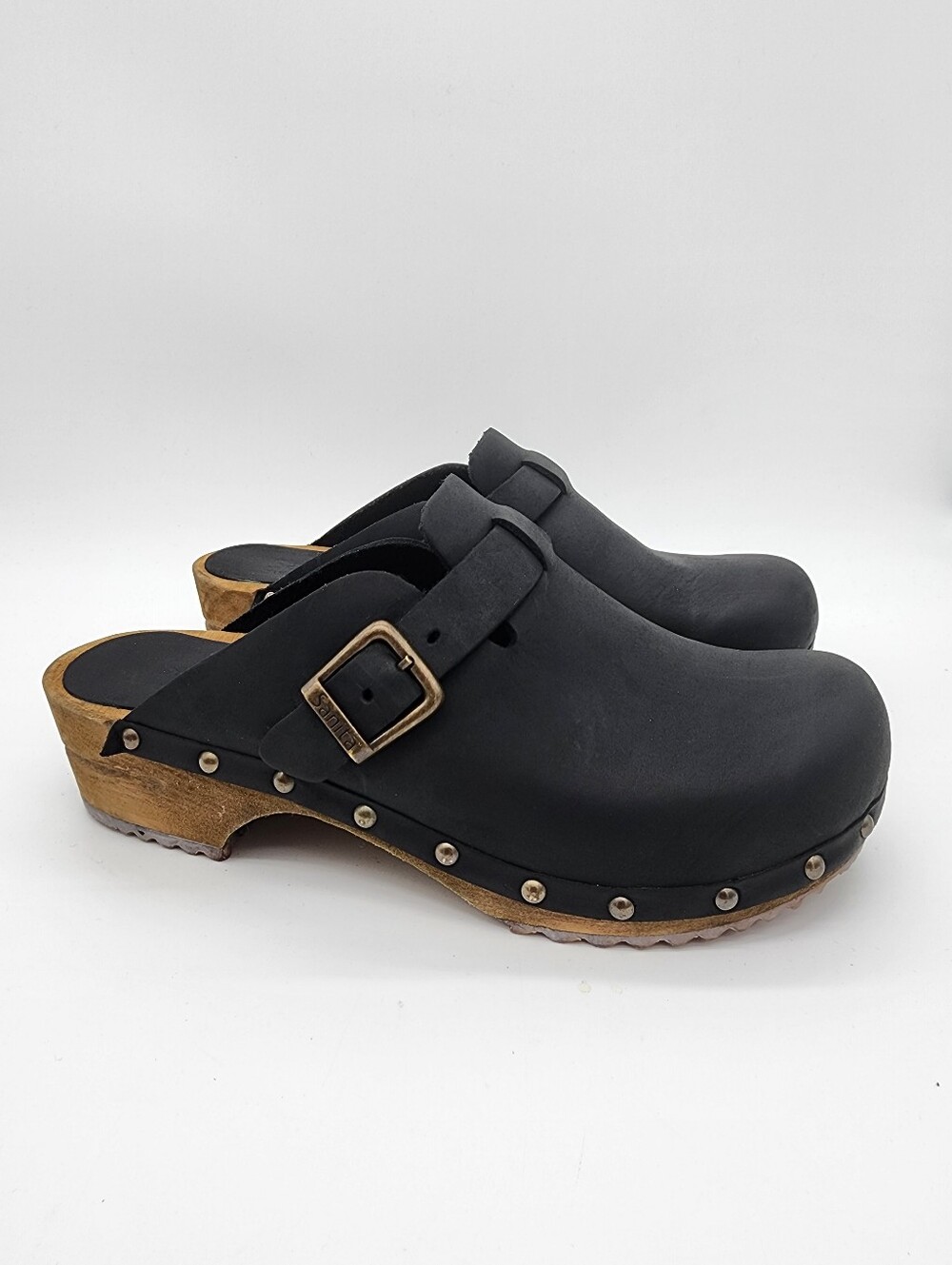 Sanita Kristel Stud Leather Clogs Wood Black Size 7